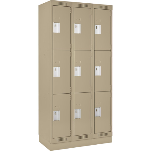 Clean Line Lockers, 3 -tier, Bank of 3, 36" x 18" x 76", Steel, Beige, Rivet (Assembled) Auto-Cam