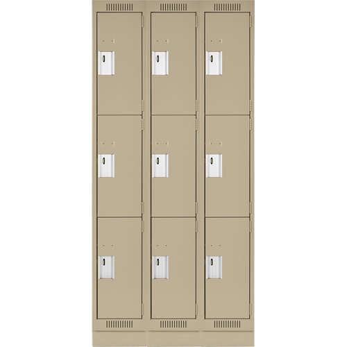 Clean Line Lockers, 3 -tier, Bank of 3, 36" x 18" x 76", Steel, Beige, Rivet (Assembled) Auto-Cam