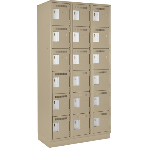 Clean Line Lockerette, 6 -tier, Bank of 3, 36" x 18" x 76", Steel, Beige, Rivet (Assembled) Auto-Cam