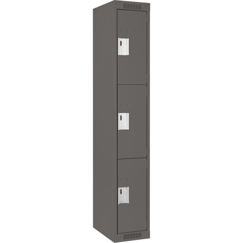 Clean Line Lockers, 3 -tier, 12" x 18" x 72", Steel, Charcoal, Rivet (Assembled) Auto-Cam