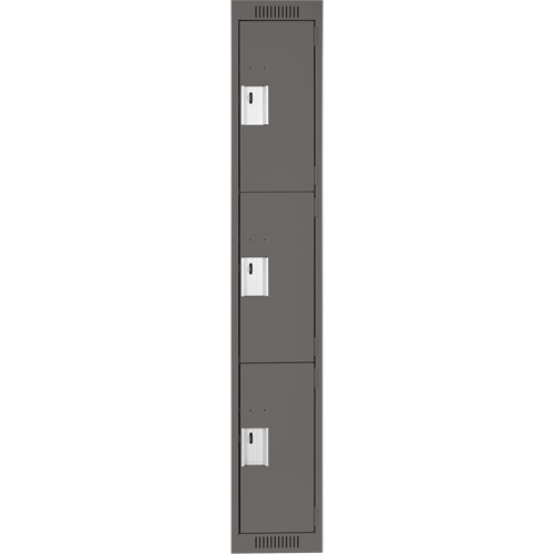 Clean Line Lockers, 3 -tier, 12" x 18" x 72", Steel, Charcoal, Rivet (Assembled) Auto-Cam