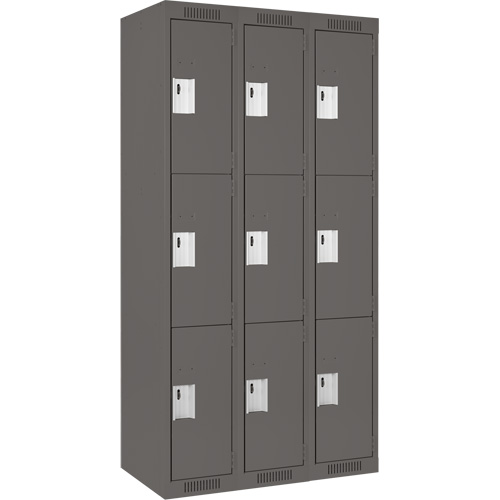 Clean Line Lockers, 3 -tier, Bank of 3, 36" x 18" x 72", Steel, Charcoal, Rivet (Assembled) Auto-Cam