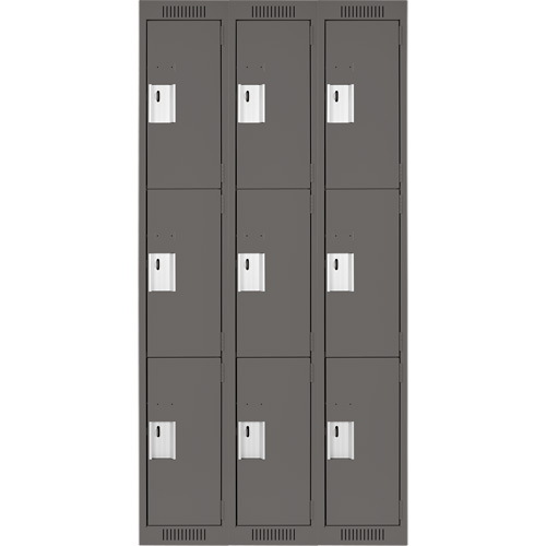 Clean Line Lockers, 3 -tier, Bank of 3, 36" x 18" x 72", Steel, Charcoal, Rivet (Assembled) Auto-Cam