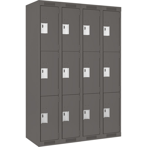 Clean Line Lockers, 3 -tier, Bank of 4, 48" x 18" x 72", Steel, Charcoal, Rivet (Assembled) Auto-Cam