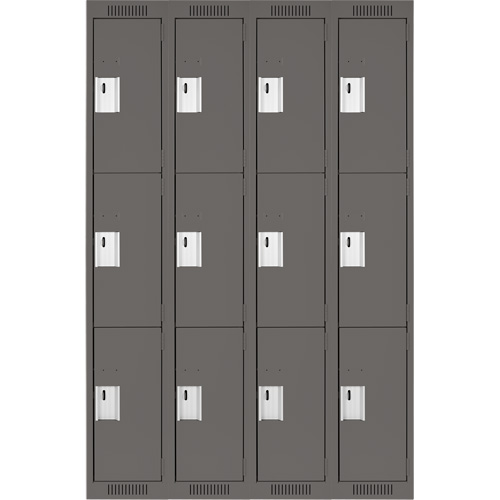 Clean Line Lockers, 3 -tier, Bank of 4, 48" x 18" x 72", Steel, Charcoal, Rivet (Assembled) Auto-Cam