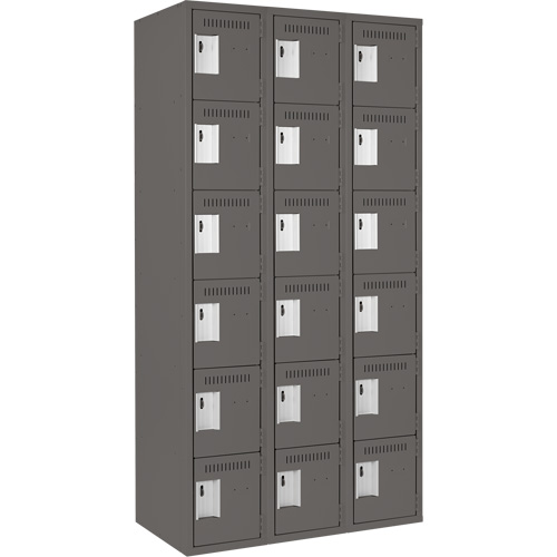 Clean Line Lockerette, 6 -tier, Bank of 3, 36" x 18" x 72", Steel, Charcoal, Rivet (Assembled) Auto-Cam