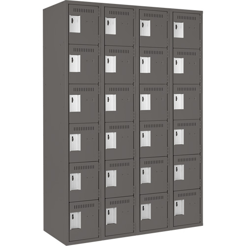 Clean Line Lockerette, 6 -tier, Bank of 4, 48" x 18" x 72", Steel, Charcoal, Rivet (Assembled) Auto-Cam