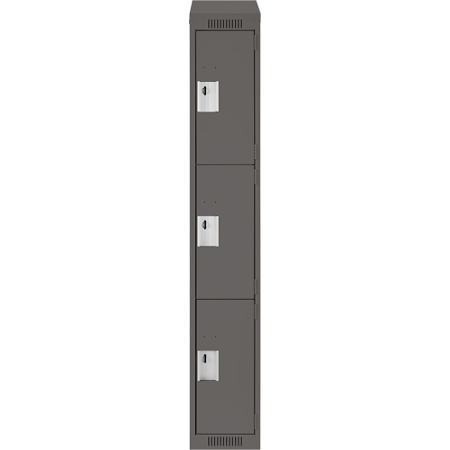 Clean Line Lockers, 3 -tier, 12" x 18" x 78", Steel, Charcoal, Rivet (Assembled) Auto-Cam