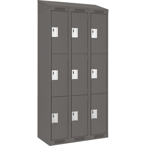 Clean Line Lockers, 3 -tier, Bank of 3, 36" x 18" x 78", Steel, Charcoal, Rivet (Assembled) Auto-Cam