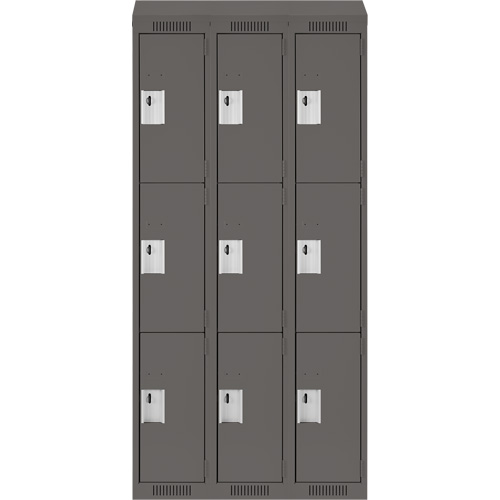 Clean Line Lockers, 3 -tier, Bank of 3, 36" x 18" x 78", Steel, Charcoal, Rivet (Assembled) Auto-Cam