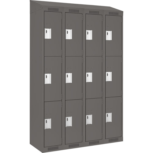 Clean Line Lockers, 3 -tier, Bank of 4, 48" x 18" x 78", Steel, Charcoal, Rivet (Assembled) Auto-Cam