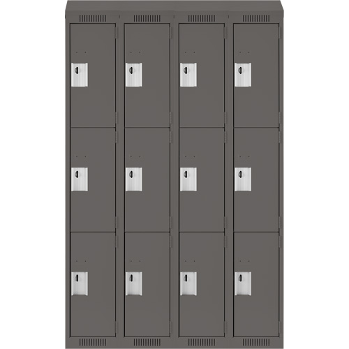 Clean Line Lockers, 3 -tier, Bank of 4, 48" x 18" x 78", Steel, Charcoal, Rivet (Assembled) Auto-Cam