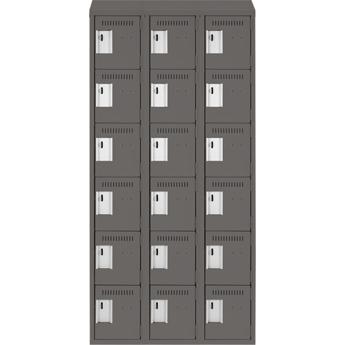Clean Line Lockerette, 6 -tier, Bank of 3, 36" x 18" x 78", Steel, Charcoal, Rivet (Assembled) Auto-Cam