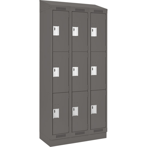 Clean Line Lockers, 3 -tier, Bank of 3, 36" x 18" x 82", Steel, Charcoal, Rivet (Assembled) Auto-Cam