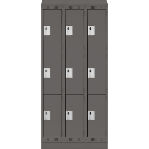 Clean Line Lockers, 3 -tier, Bank of 3, 36" x 18" x 82", Steel, Charcoal, Rivet (Assembled) Auto-Cam