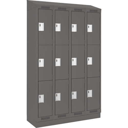 Clean Line Lockers, 3 -tier, Bank of 4, 48" x 18" x 82", Steel, Charcoal, Rivet (Assembled) Auto-Cam