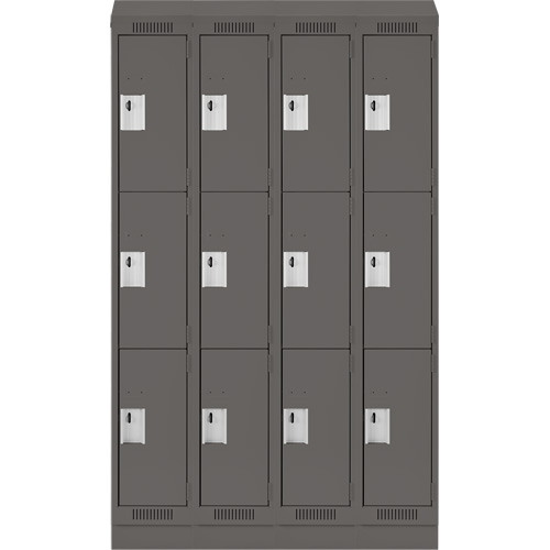 Clean Line Lockers, 3 -tier, Bank of 4, 48" x 18" x 82", Steel, Charcoal, Rivet (Assembled) Auto-Cam