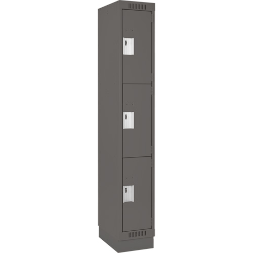 Clean Line Lockers, 3 -tier, 12" x 18" x 76", Steel, Charcoal, Rivet (Assembled) Auto-Cam