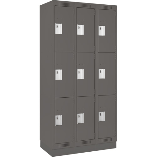 Clean Line Lockers, 3 -tier, Bank of 3, 36" x 18" x 76", Steel, Charcoal, Rivet (Assembled) Auto-Cam