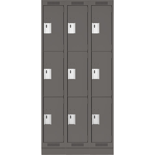 Clean Line Lockers, 3 -tier, Bank of 3, 36" x 18" x 76", Steel, Charcoal, Rivet (Assembled) Auto-Cam