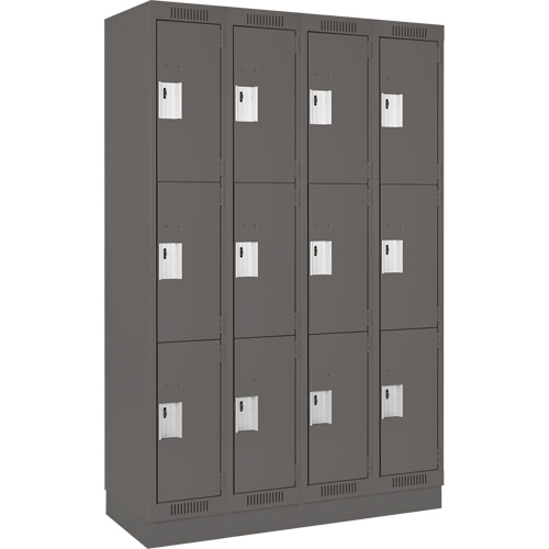 Clean Line Lockers, 3 -tier, Bank of 4, 48" x 18" x 76", Steel, Charcoal, Rivet (Assembled) Auto-Cam