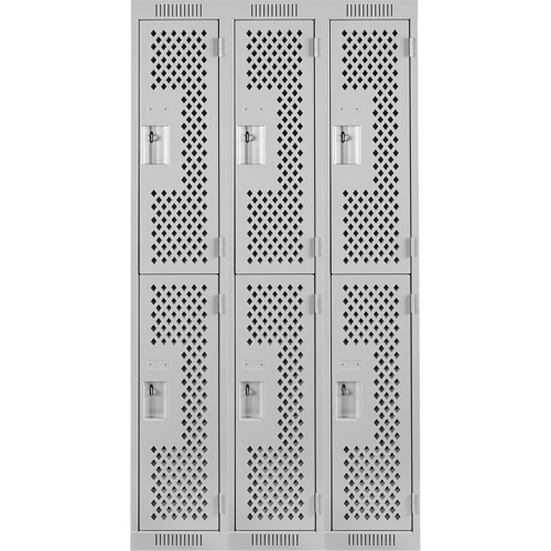 Clean Line Lockers, 2 -tier, Bank of 3, 36" x 12" x 72", Steel, Grey, Rivet (Assembled), Perforated Auto-Cam