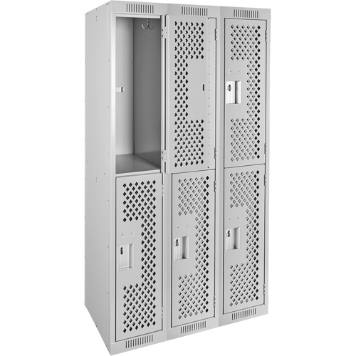 Clean Line Lockers, 2 -tier, Bank of 3, 36" x 12" x 72", Steel, Grey, Rivet (Assembled), Perforated Auto-Cam