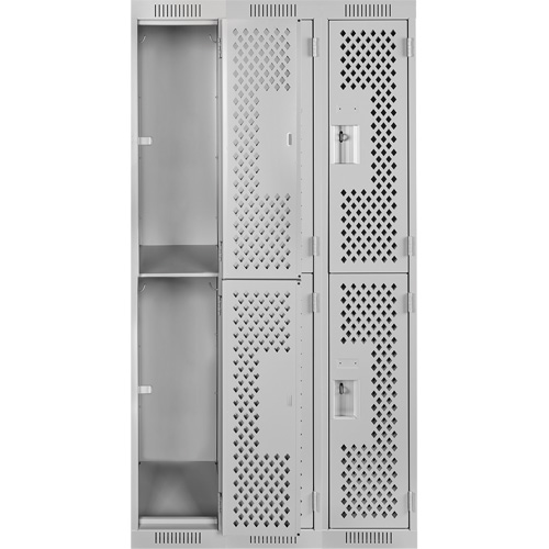 Clean Line Lockers, 2 -tier, Bank of 3, 36" x 12" x 72", Steel, Grey, Rivet (Assembled), Perforated Auto-Cam