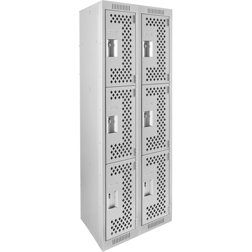 Clean Line Lockers, 3 -tier, Bank of 2, 24" x 12" x 72", Steel, Grey, Rivet (Assembled), Perforated Auto-Cam