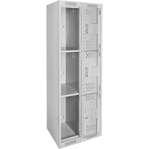 Clean Line Lockers, 3 -tier, Bank of 2, 24" x 12" x 72", Steel, Grey, Rivet (Assembled), Perforated Auto-Cam