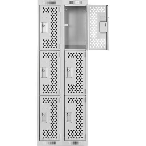 Clean Line Lockers, 3 -tier, Bank of 2, 24" x 12" x 72", Steel, Grey, Rivet (Assembled), Perforated Auto-Cam