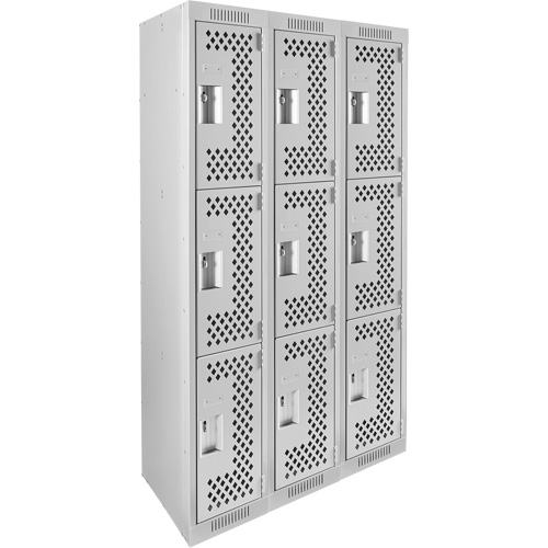 Clean Line Lockers, 3 -tier, Bank of 3, 36" x 12" x 72", Steel, Grey, Rivet (Assembled), Perforated Auto-Cam