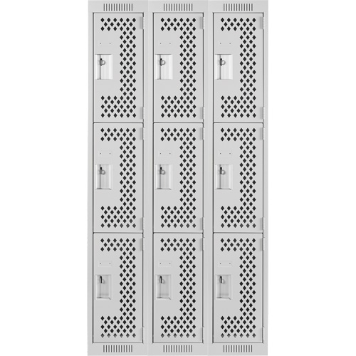 Clean Line Lockers, 3 -tier, Bank of 3, 36" x 12" x 72", Steel, Grey, Rivet (Assembled), Perforated Auto-Cam