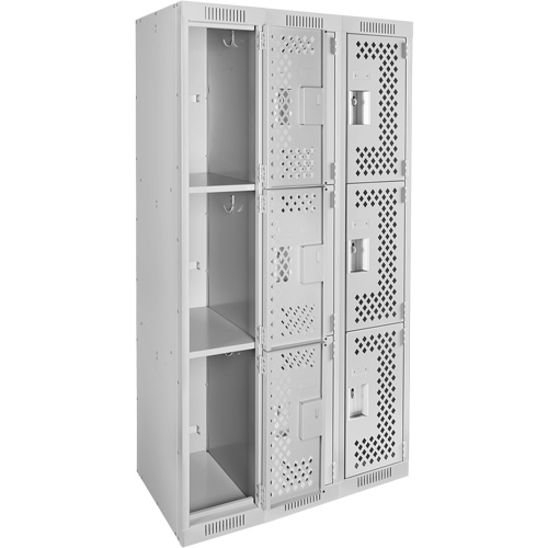 Clean Line Lockers, 3 -tier, Bank of 3, 36" x 12" x 72", Steel, Grey, Rivet (Assembled), Perforated Auto-Cam