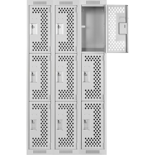 Clean Line Lockers, 3 -tier, Bank of 3, 36" x 12" x 72", Steel, Grey, Rivet (Assembled), Perforated Auto-Cam