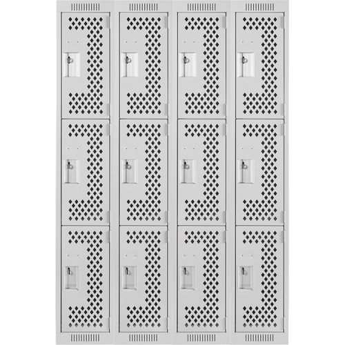 Clean Line Lockers, 3 -tier, Bank of 4, 48" x 12" x 72", Steel, Grey, Rivet (Assembled), Perforated Auto-Cam