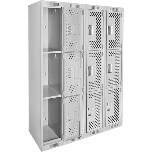 Clean Line Lockers, 3 -tier, Bank of 4, 48" x 12" x 72", Steel, Grey, Rivet (Assembled), Perforated Auto-Cam