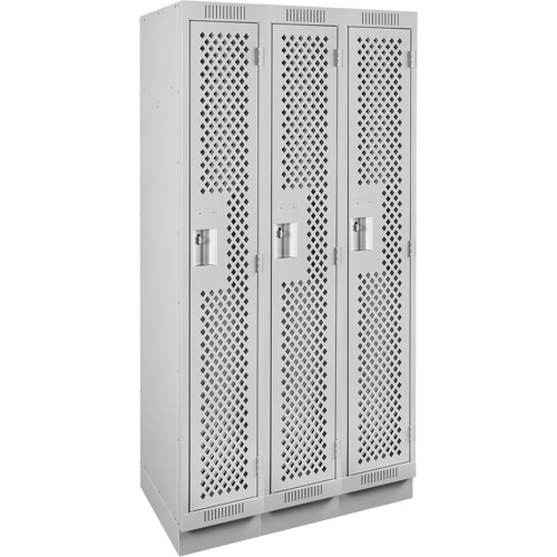Clean Line Lockers, Bank of 3, 36" x 12" x 76", Steel, Grey, Rivet (Assembled), Perforated Auto-Cam
