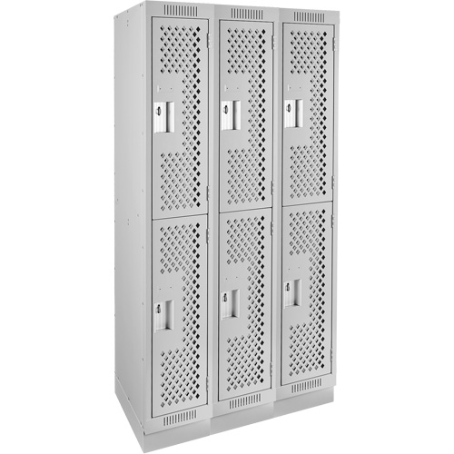 Clean Line Lockers, 2 -tier, Bank of 3, 36" x 12" x 76", Steel, Grey, Rivet (Assembled), Perforated Auto-Cam