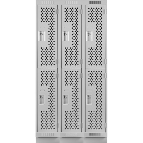 Clean Line Lockers, 2 -tier, Bank of 3, 36" x 12" x 76", Steel, Grey, Rivet (Assembled), Perforated Auto-Cam
