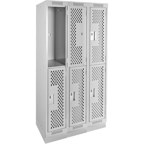 Clean Line Lockers, 2 -tier, Bank of 3, 36" x 12" x 76", Steel, Grey, Rivet (Assembled), Perforated Auto-Cam