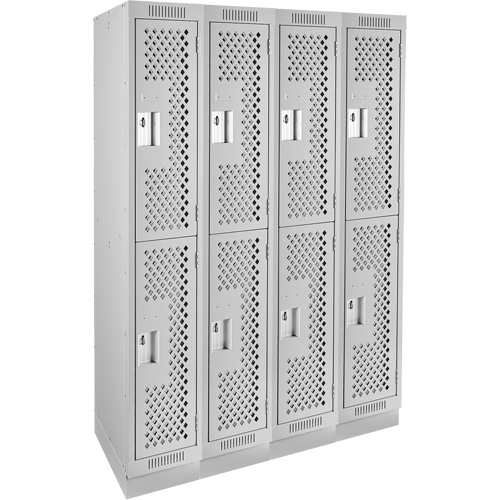 Clean Line Lockers, 2 -tier, Bank of 4, 48" x 12" x 76", Steel, Grey, Rivet (Assembled), Perforated Auto-Cam