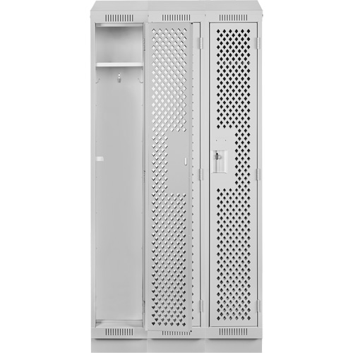 Clean Line Lockers, Bank of 3, 36" x 18" x 82", Steel, Grey, Rivet (Assembled), Perforated Auto-Cam
