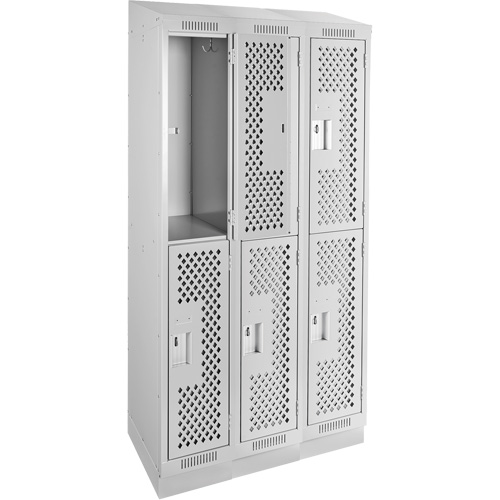 Clean Line Lockers, 2 -tier, Bank of 3, 36" x 12" x 82", Steel, Grey, Rivet (Assembled), Perforated Auto-Cam