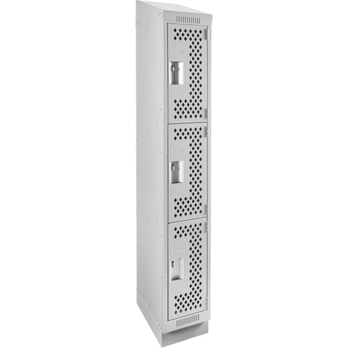 Clean Line Lockers, 3 -tier, 12" x 18" x 82", Steel, Grey, Rivet (Assembled), Perforated Auto-Cam