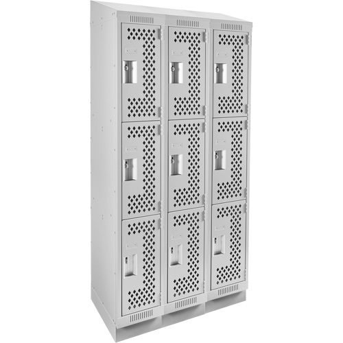 Clean Line Lockers, 3 -tier, Bank of 3, 36" x 18" x 82", Steel, Grey, Rivet (Assembled), Perforated Auto-Cam
