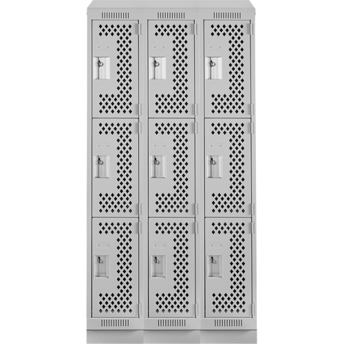 Clean Line Lockers, 3 -tier, Bank of 3, 36" x 18" x 82", Steel, Grey, Rivet (Assembled), Perforated Auto-Cam