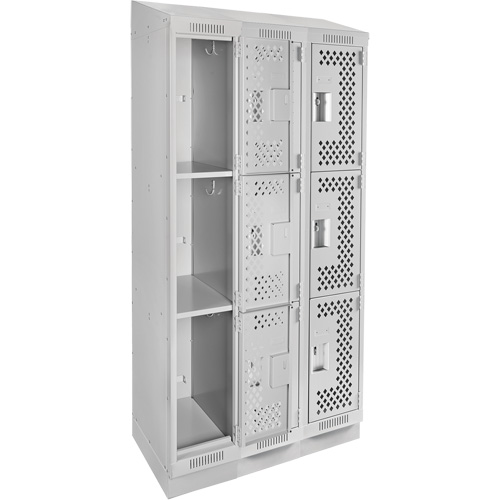 Clean Line Lockers, 3 -tier, Bank of 3, 36" x 18" x 82", Steel, Grey, Rivet (Assembled), Perforated Auto-Cam