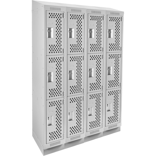 Clean Line Lockers, 3 -tier, Bank of 4, 48" x 18" x 82", Steel, Grey, Rivet (Assembled), Perforated Auto-Cam