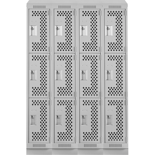 Clean Line Lockers, 3 -tier, Bank of 4, 48" x 18" x 82", Steel, Grey, Rivet (Assembled), Perforated Auto-Cam